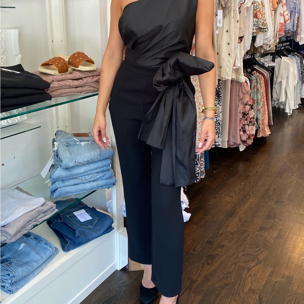 Tarik Ediz Black One-Shoulder Jumpsuit with Waist Tie